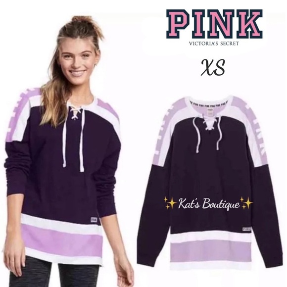 (NWT) Victoria’s Secret PINK Lace-UP Varsity Graphic Crew Plum/Purple Petal, XS - Picture 1 of 8